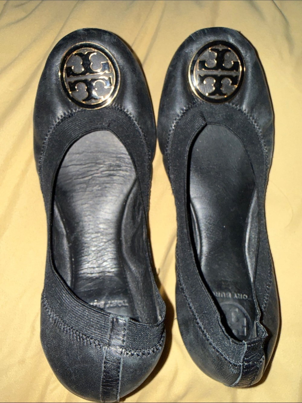 Tory Burch Black Leather Ballet Flats with Gold Logo